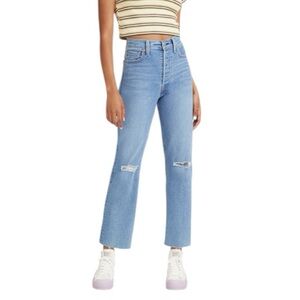 Levi's Ribcage Straight Ankle Jeans Destroyed Knees Raw Hem Stretch Size 29